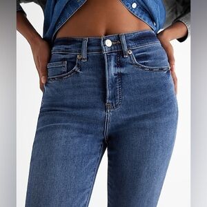 EXPRESS High Waisted Dark Wash Raw Hem Skinny Jeans